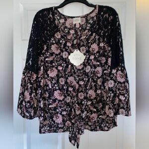 Womens ❤️NWT❤️ KNOX ROSE Black and Pink Floral Lace Loose-Fit Blouse XL